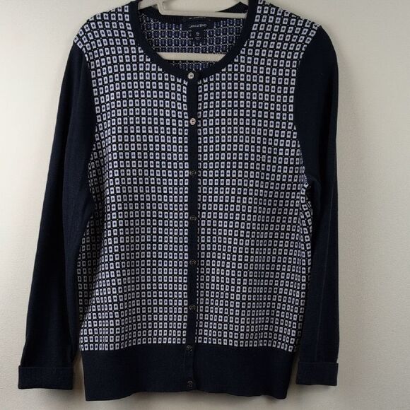 Lands' End Navy and White Patterned Supima Cotton Cardigan Sweater Size 18 - Picture 1 of 10